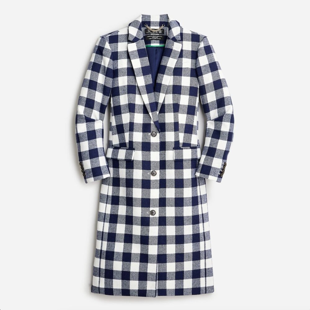 Blue and white plaid J.Crew coat, Alfie topcoat in buffalo check Italian wool